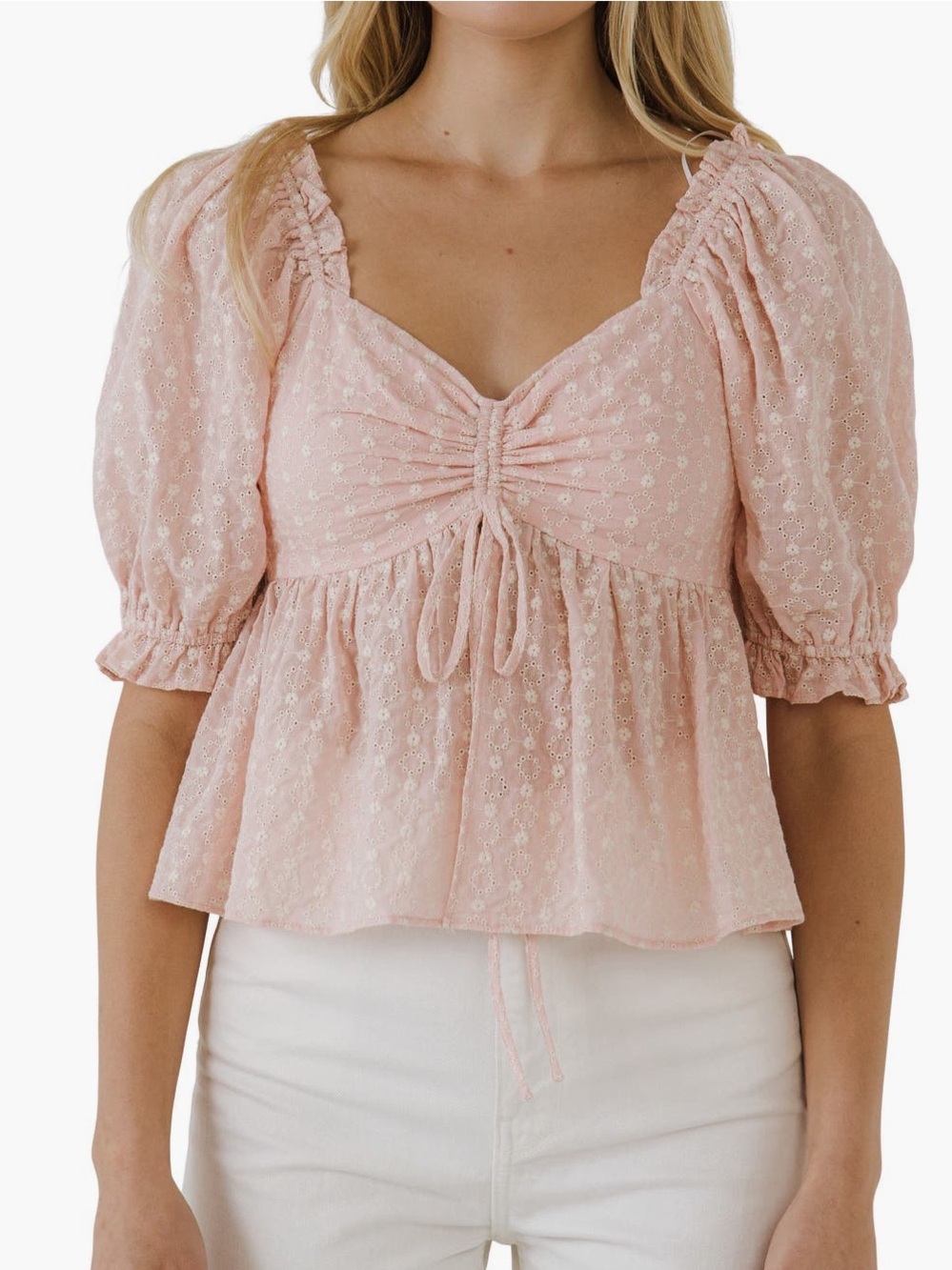 Free the Roses Blush Eyelet Drawstring Peplum Top